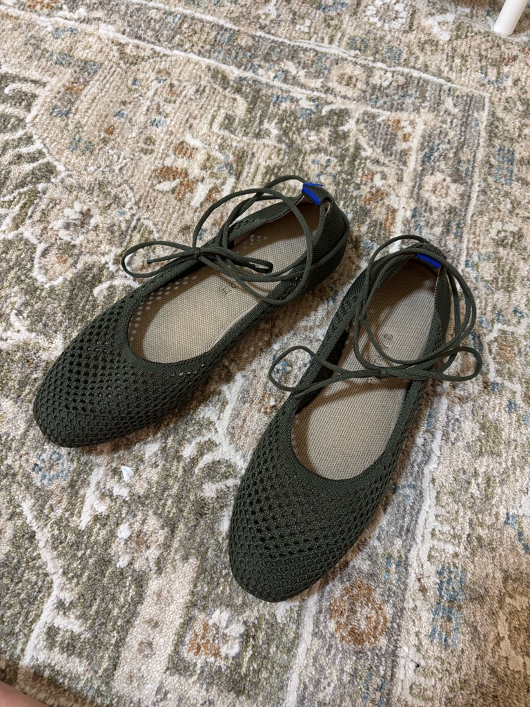 Rothy's Olive Knit Lace-Up Square Ballet Flats With Ankle Ties